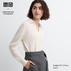 White Uniqlo Lambswool Knitted Polo | LPABI-5397