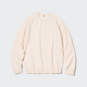 White Uniqlo Premium Lambswool Crew Neck Jumper | FKBNY-2384