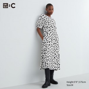 White Uniqlo Printed Balloon Sleeved Dress | FDOUS-8750