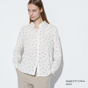 White Uniqlo Rayon Printed Long Sleeved Blouse | IHMWA-0814