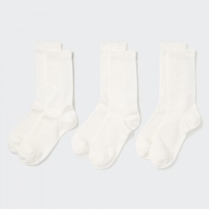 White Uniqlo Ribbed Socks Three Pairs | KJCES-8531