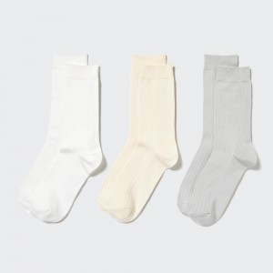 White Uniqlo Ribbed Socks Three Pairs | SVLJE-0134