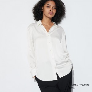 White Uniqlo Satin Long Sleeved Blouse | YCEUQ-2695
