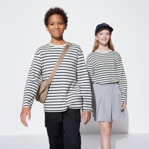 White Uniqlo Soft Brushed Cotton Striped Crew Neck Long Sleeved T-Shirt | CDEMX-7295