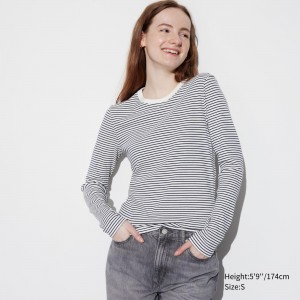 White Uniqlo Soft Ribbed Fitted Striped Crew Neck Long Sleeved T-Shirt | ZYJCO-7180