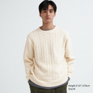 White Uniqlo Souffle Yarn Cable Knit Crew Neck Jumper | FWXGQ-2497