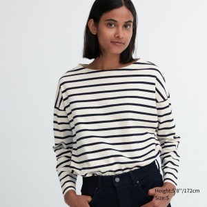 White Uniqlo Striped Long Sleeved T-Shirt | IFKCS-1089