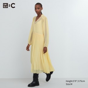 Yellow Uniqlo Chiffon Pleated Long Sleeved Dress | PQKMT-0296