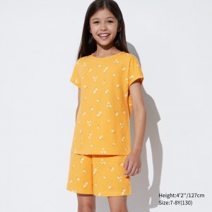 Yellow Uniqlo Girls Airism Cotton Blend Striped Short Sleeved Set | VUFZK-1459